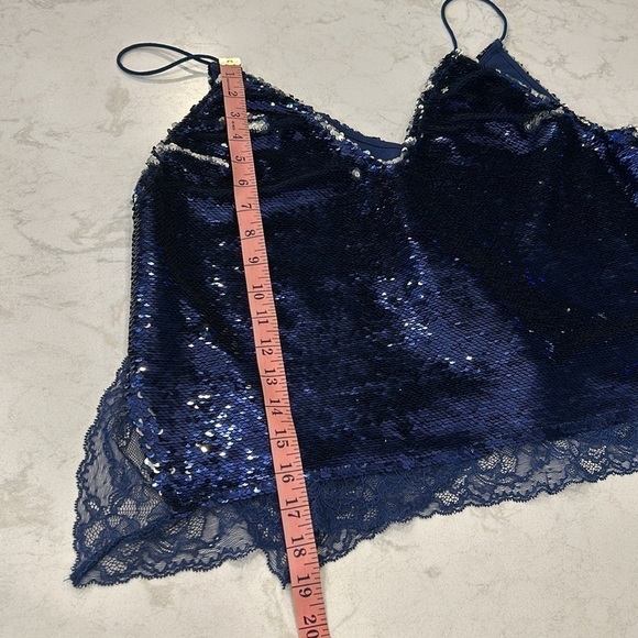 Free People Turn it On Swinging Sequins Lace Trimmed Tank Top Size Medium Blue - Picture 8 of 15